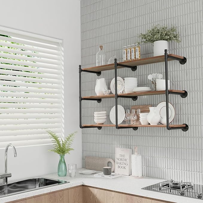 Industrial Pipe Shelf Brackets Wall Mount,Open Black Pipe Shelving for Kitchen,Floating Shelf Brackets Mount,Open Bookshelf Brackets for Shelves,Wall Shelves 12 Inch Deep,(3PcsX3Tier,32