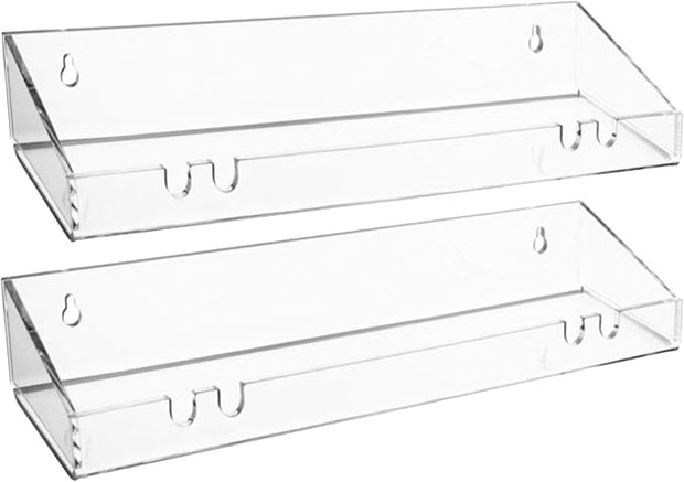 AMT 2 Pack Acrylic Floating Shelves, 15" L x 4" W, Clear Bathroom Wall Shelf, Bookshelves, Invisible Display for Office, Bedroom, Hanging Slots for Bath Sponge & Others Items, Free Screws & Drill Bit