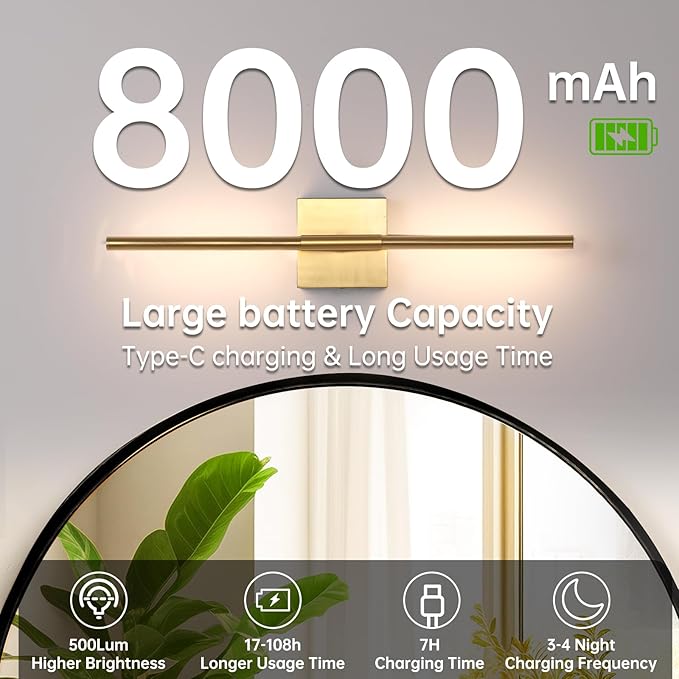 Battery Operated Wall Sconce Set of 2, 8000mAh Wireless Wall Sconces, 3000K-6000K Dimmable, 350°Rotate, Indoor Wall Lights for Bedroom Living Room Bathroom, Gold, 23.6 Inch