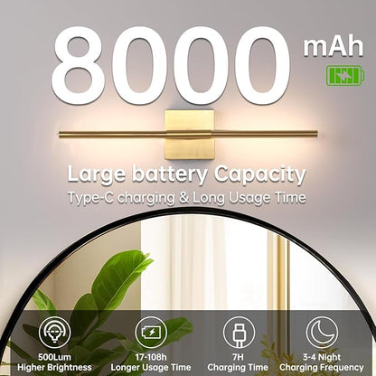 Battery Operated Wall Sconce Set of 2, 8000mAh Wireless Wall Sconces, 3000K-6000K Dimmable, 350°Rotate, Indoor Wall Lights for Bedroom Living Room Bathroom, Gold, 23.6 Inch