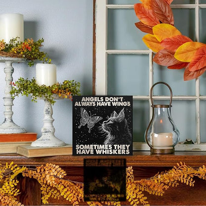 Black Cat Themed Gifts Wood Box Sign, Angels Don't Always Have Wings Sometimes They Have Whiskers, Woods Table Decorative Signs for Office Home Tabletop Shelf Decoration, Cat Lovers Gift for Women