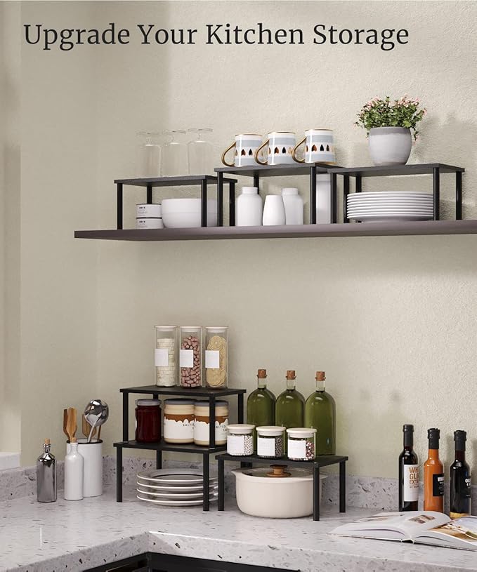 Cabinet Organizer Shelf(Set of 3),Bamboo Kitchen Counter Shelves for Countertop and Cabinet,Stackable Shelf Spice Racks,Medium (Black)
