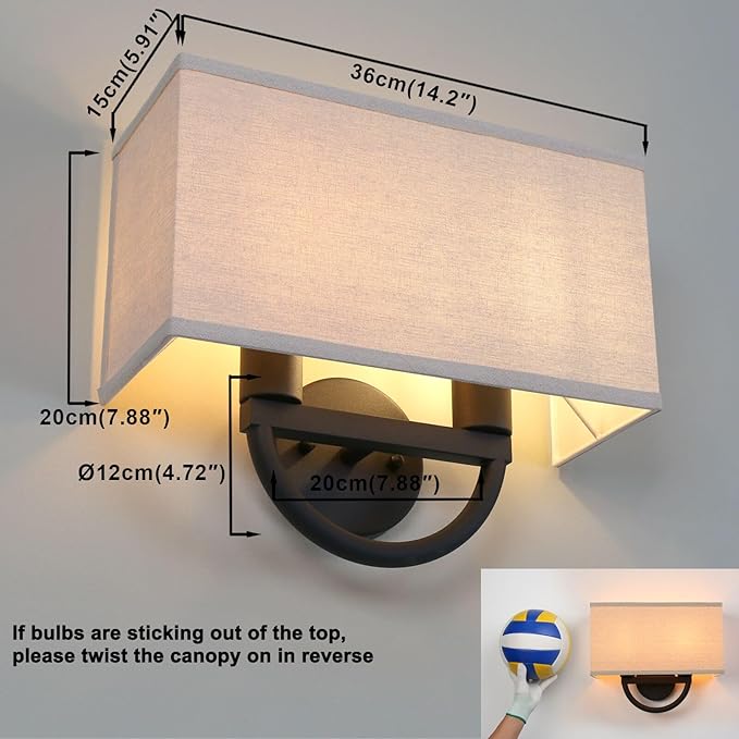 Yosoan 2-Light Linen Fabric Cloth Boho Wall Sconce Stairwell Fixture Light, Indoor Hardwired Vanity Dual Vintage Black Metal Base Wall Mount Lighting Square Fabric Shade for Bedside Hallway Kitchen