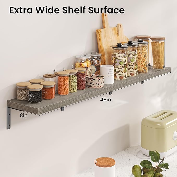 Marsmiles Extra Wide Floating Shelves for Wall, 48x8 Inch Natural Wood Grain Bookshelves, Heavy Duty Mounted Shelving for Bathroom, Kitchen, Living Room, Bedroom,Set of 2，Grey