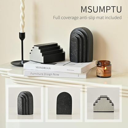 Decorative Bookends for Shelves, Set of 2 Book Ends for Heavy Books, Layered Arch Design Black Bookend
