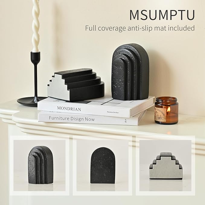 Decorative Bookends for Shelves, Set of 2 Book Ends for Heavy Books, Layered Arch Design Black Bookend