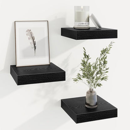 Marsmiles Square Floating Shelves for Wall, 8" W x 8" D x 1.25" H, 3 Pack Small Wall Mounted Engineered Wood Shelves with Invisible Brackets for Living Room, Bedroom, Bathroom, Kitchen Decor, Black