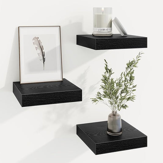 Marsmiles Square Floating Shelves for Wall, 8" W x 8" D x 1.25" H, 3 Pack Small Wall Mounted Engineered Wood Shelves with Invisible Brackets for Living Room, Bedroom, Bathroom, Kitchen Decor, Black