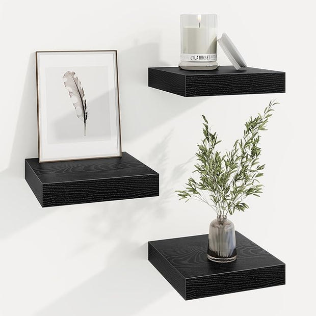 Marsmiles Square Floating Shelves for Wall, 8" W x 8" D x 1.25" H, 3 Pack Small Wall Mounted Engineered Wood Shelves with Invisible Brackets for Living Room, Bedroom, Bathroom, Kitchen Decor, Black