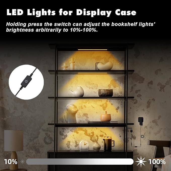 JUSJUBR Led Shelf Lights, 4x12 Inch Warm White 3000K Dimmable Shelf Lighting with Memory Function, Ultra-Thin Black Display Case Lights, Display Cabinet Lights