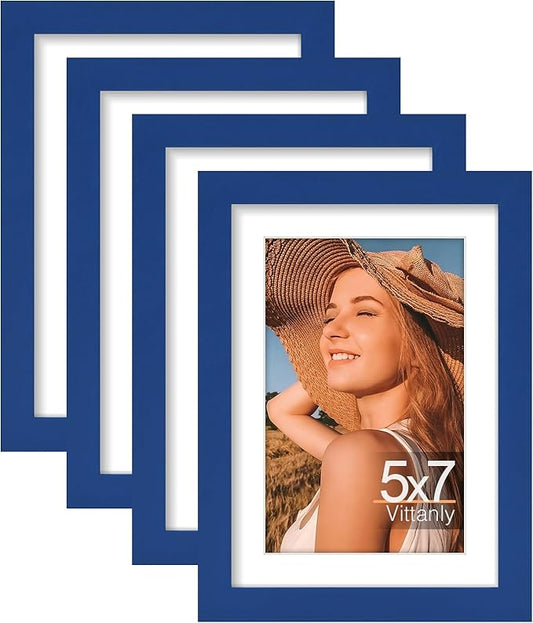 Vittanly 5x7 Picture Frames Set of 4, Display Pictures 4x6 with Mat or 5x7 without Mat, Small Photo Frames for Wall or Tabletop Display, Engineered Wood with Shatter Resistant Plexiglass, Royal Blue