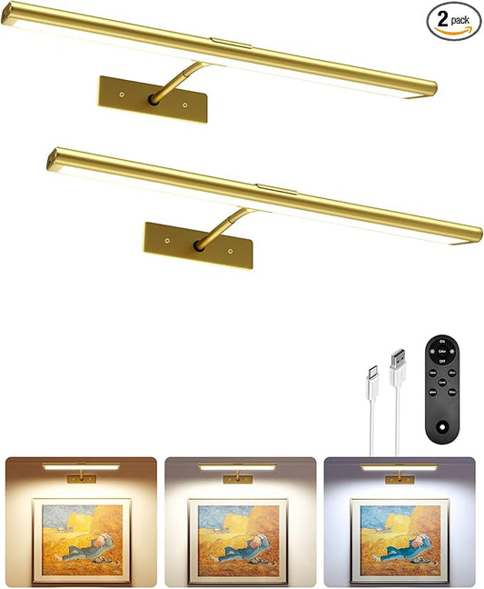 EZVALO Picture Light for Wall, 4800mAh Rechargeable Wireless Lights with IR Remote Control, 16'' Dimmable Magnetic LED Art Display Light with 3 Color Temperatures, for Gallery, Living Room(Gold-2Pack)