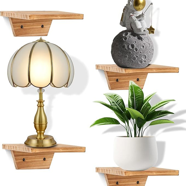 PHOENANCEE Small Floating Shelves,Speaker Shelf,Trapezoid Wall Shelf for Table Lamp Plants Display,Decorative Wood Ledges Chic for Living Room,Bedroom,Kitchen,Pine,8x6 Inch,4 Pack(Carbonized Brown
