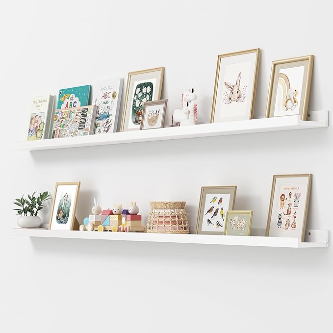 Picture Ledge Shelf, Floating Shelves Set of 2, Solid Ash Wood 72'' Long Large Nursery Book Shelves for Toys Storage, Kids Bookshelf for Living Room Bedroom Decor Books Photo Frames, White