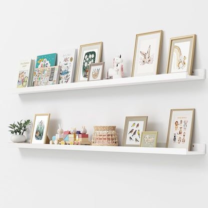 Picture Ledge Shelf, Floating Shelves Set of 2, Solid Ash Wood 72'' Long Large Nursery Book Shelves for Toys Storage, Kids Bookshelf for Living Room Bedroom Decor Books Photo Frames, White