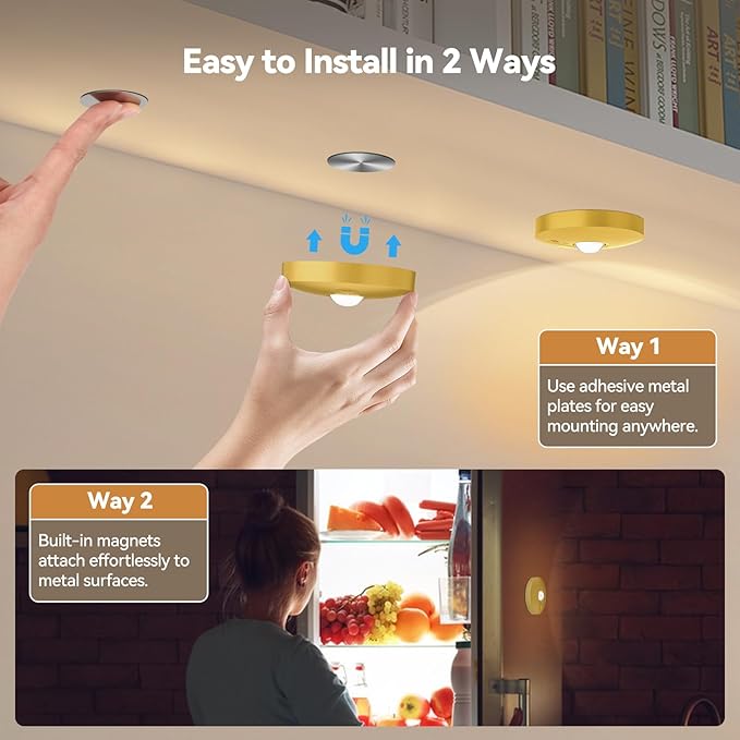 Yiliaw Rechargeable Puck Lights with Remote, 3 Pack Magnetic Under Cabinet Lighting, 1500mAh Battery Operated LED Tap Lights with Dimmer & Timmer for Kitchen, Closet, Shelf - 3 Color Temps, Gold