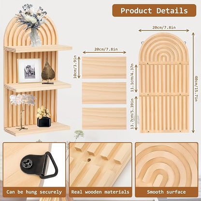 2 Pieces Boho Wall Shelf,3 Tier Bohemian Floating Shelves, Arch Wooden Mid Century Shelves Decorative Rainbow Hanging Shelves,Wall Mounted Wood ArchWall Decor for Living Room Display (01)