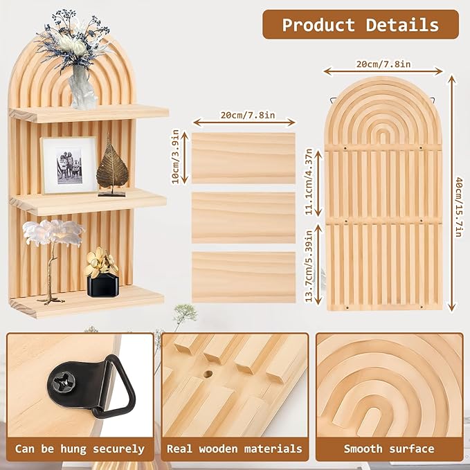Qivine Boho Wall Shelf 2 Pcs 3 Tier Shelves for Room Wall Wood Floating Shelf with Arched Wood Design Walls Mounted for Living Room, Bedroom, Bathroom Decor (Primary, 3-Tier)