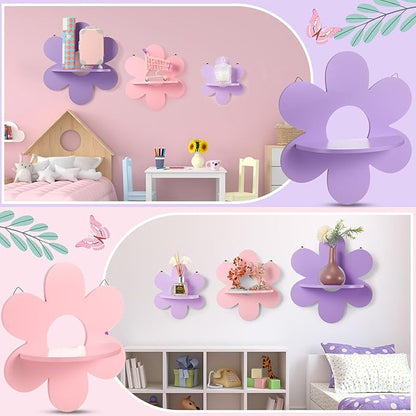 Soaoo 3 Pcs Daisy Flower Floating Shelves, Wooden Boho Daisy Plant Shelf, Wall Mounted Display Stand, Hanging Display Flower Decor for Living Room Bathroom Bedroom(Purple and Pink)