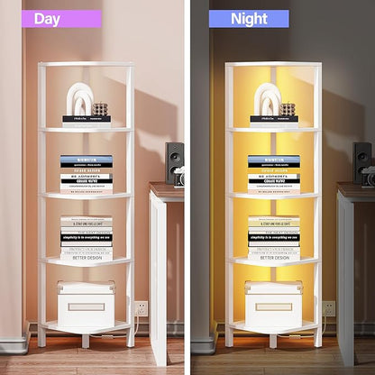 TUTOTAK Corner Shelf with LED Light, 5-Tier Corner Bookshelf for Small Space, Narrow Display Corner Shelf Stand with Storage Rack, for Living Room, Bedroom, White BS08BW005L