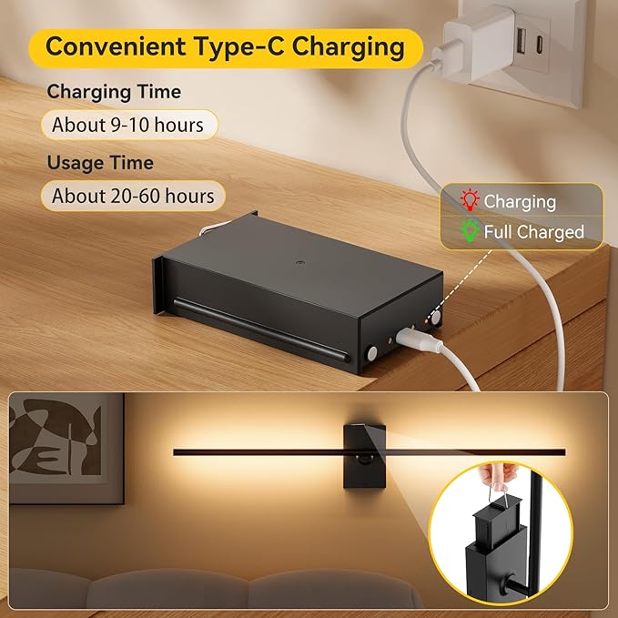 Ouyulong Battery Operated Wall Sconces Set of 2, 10000mAh Wireless Rechargeable 3000-6000K Dimmable 350° Rotate Wall Light with Remote for Living Room, Bedroom 27.6in Black