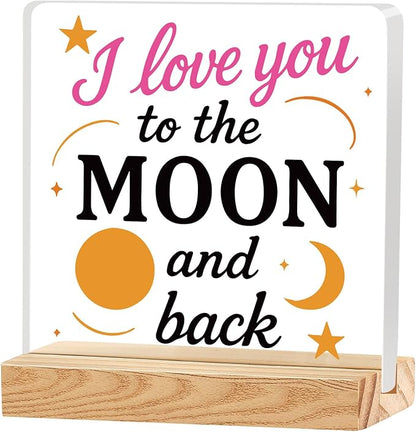 Valentines Desk Decor, Happy Valentine's Day Home Office Table Sign for Porch Tiered Tray Shelf Party, Rustic Romantic Acrylic Gifts Decorations for Him Her Wife,I Love You to The Moon And Back