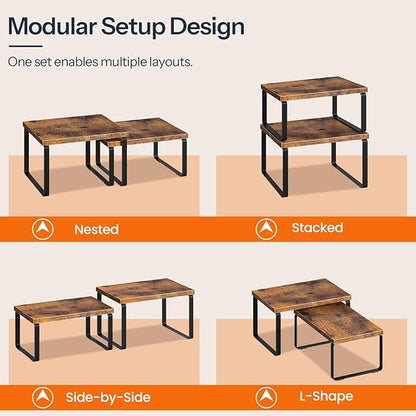 HOOBRO Spice Rack Set of 2, Kitchen Counter Organizer, Kitchen Storage, Cabinet Organizer Shelf, Nest, Stackable, Side-by-Side & L-Shape for Cabinet, Kitchen, Rustic Brown and Black BF33TL01