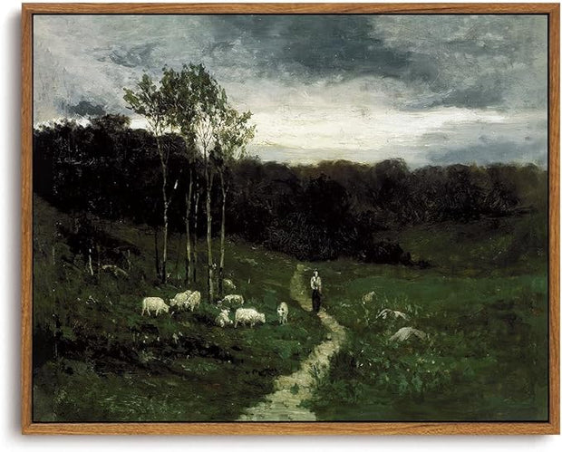 OIQArtOIQ Framed Vintage Landscape Wall Art Shepherd Natural Scenery Oil Painting Canvas Prints Country Farmhouse Aesthetic Decor Pictures for Kitchen Bedroom Living Room Bathroom