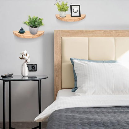 Small Floating Plant Shelves Set of 2 - Rustic Wood Half Circle Shelves for Bedroom Living Room Bathroom Kitchen Office (Natural)