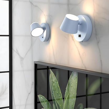 URSOLA Battery Operated Wall Lights Set of Two, LED Rechargeable Battery Wall Sconce with 9000mAh 3CCT and Dimmable Magnetic 360° Rotation Cordless Light for Bedroom（Blue）