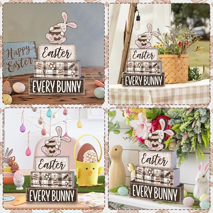 DIYDEC 4Pcs Easter Tabletop Decorations Rabbit Wooden Block Signs Bunny Tiered Tray Decor Happy Easter Centerpiece Farmhouse Wood Bunny Table Sign for Kitchen Home Office Party Decor