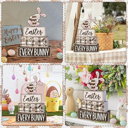 DIYDEC 4Pcs Easter Tabletop Decorations Rabbit Wooden Block Signs Bunny Tiered Tray Decor Happy Easter Centerpiece Farmhouse Wood Bunny Table Sign for Kitchen Home Office Party Decor