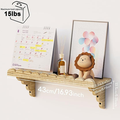 Scalloped Wood Wall Shelf – 17 Inch Floating Shelf with Wood Brackets, Easy to Install Rustic Wall Shelf for Living Room, Bedroom, Bathroom, or Any Space - Light Brown