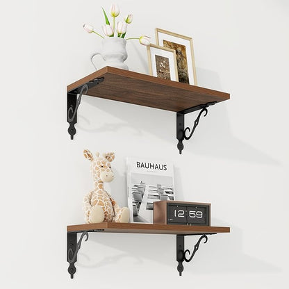 RICHFOCUS Floating Shelves for Wall Decor, 8 Inch Deep Shelves Set of 2, 16W x 8D Floating Shelves Wall Mounted with Metal Brackets, Rustic Wood Shelves for Living Room Bedroom Kitchen, Walnut
