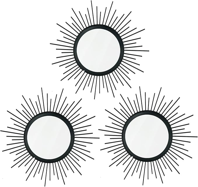 3 Pack Metal Mirrors for Wall Sunburst Wall Mirrors Home Décor Decorative Hanging Wall Art for Living Room Bedroom Entryway (Black, Sunburst)