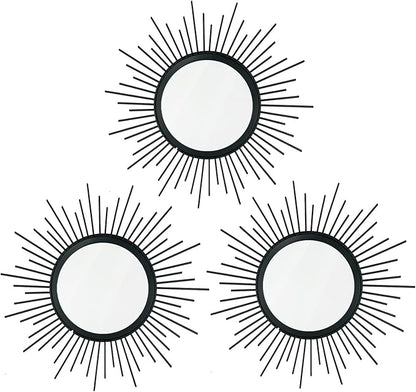 3 Pack Metal Mirrors for Wall Sunburst Wall Mirrors Home Décor Decorative Hanging Wall Art for Living Room Bedroom Entryway (Black, Sunburst)