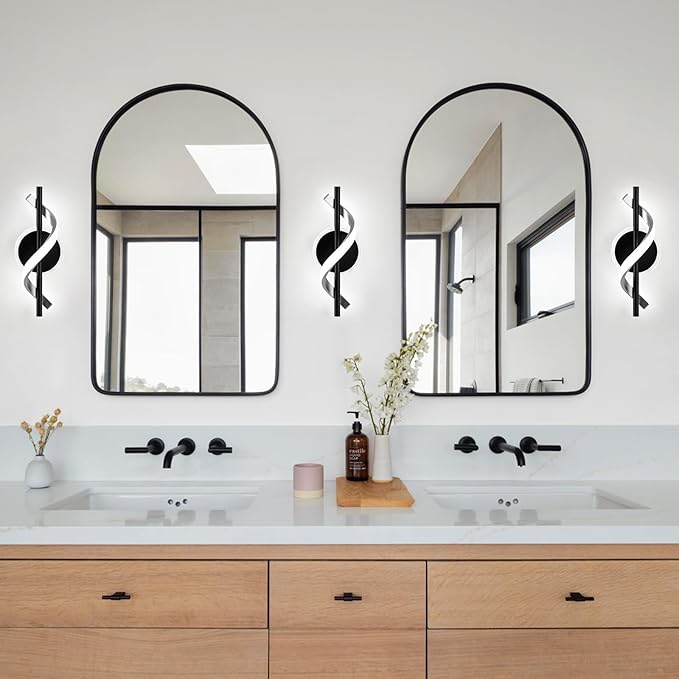 LED Wall Sconces Indoor, 12W LED Wall Mount Lights, Modern Spiral Wall Lamp, 6000K Cold Light Fixture for Stairs, Living Room, Bedroom, Aisle, Hallway (Cold White, Black)