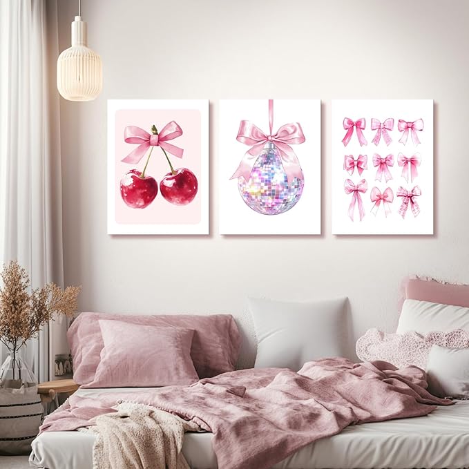 Zeredi Framed Pink Coquette Bow Trendy Preppy Wall Art Prints Set of 3, Coquette Room Decor, Preppy Room Dorm Decor Aesthetic, Pink Bow Cherry Disco Ball Wall Decor Posters for Girls Bedroom 16