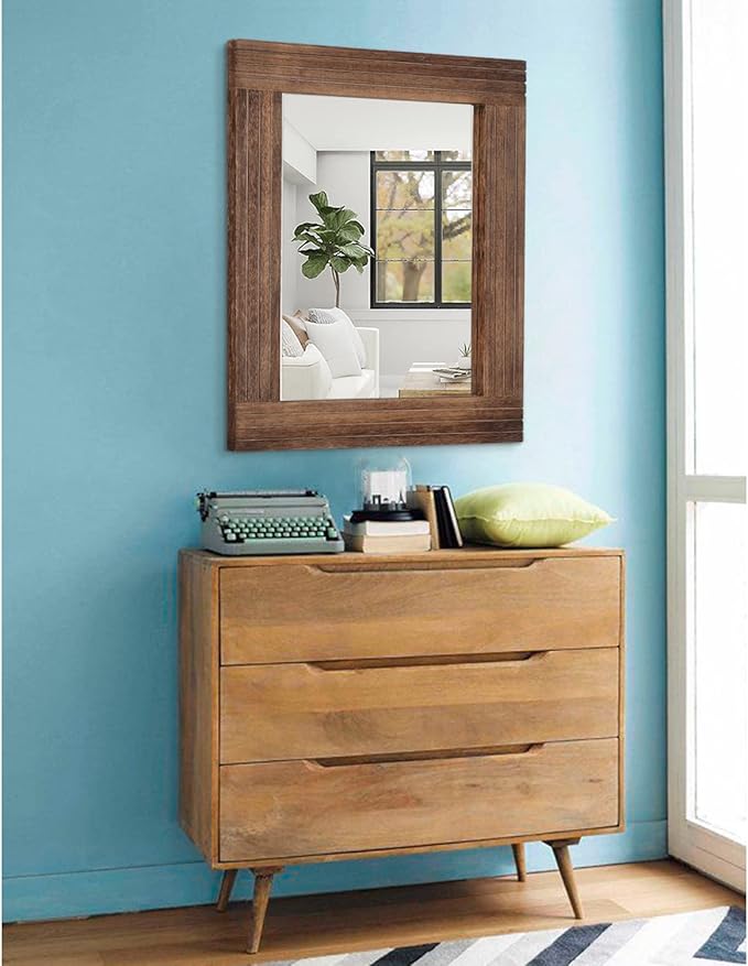 Wood Mirror Rectangular Framed Rustic Vintage Mirrors Decor Farmhouse Bedroom Bathroom Mirror for Dressing Table Entrance Large 20