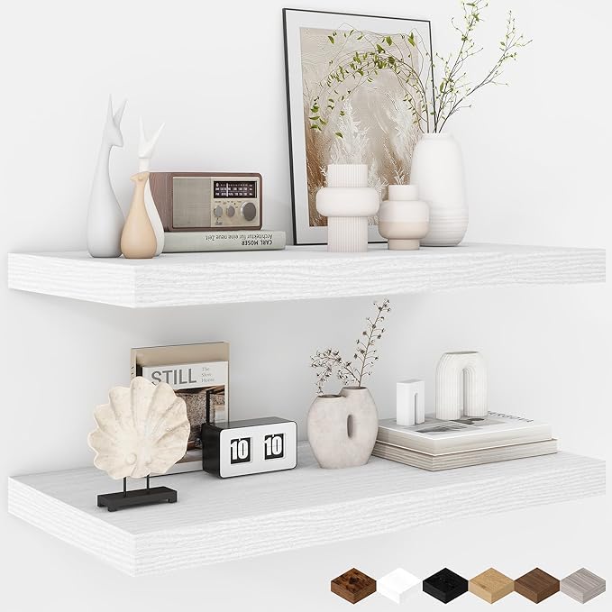 Fun Memories Floating Shelves - 2 Pack 12 Inch Deep Rustic Wooden Wall Shelves - Extra Deeper & Thicker Wall Mounted Storage Shelf for Living Room, Kitchen, Farmhouse - 24" W x 12" D x 1.5" H - White