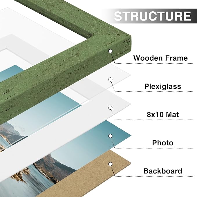 Vittanly 11x14 Picture Frames Set of 9, Shatter Resistant Plexiglass, Display 8x10 Pictures with Mat or 11x14 without Mat, Photo Frames for Wall or Tabletop, Engineered Wood, Rustic Green