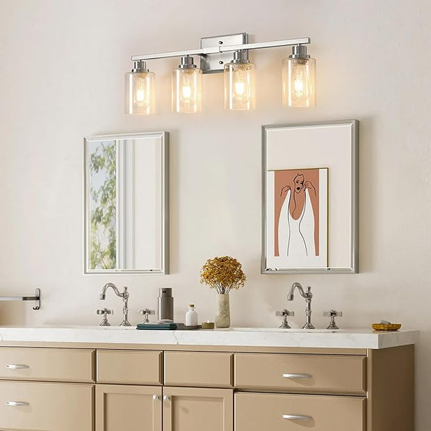 Ascher Bathroom Light Fixtures, 4-Light Vanity Lights with Clear Glass Shade, Modern Brushed Nickel Wall Light for Mirror Bedroom Hallway Cabinet Porch