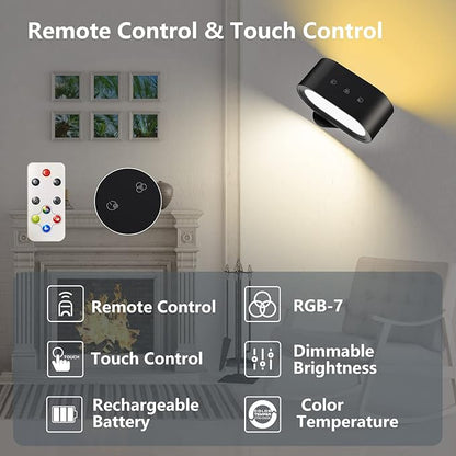 Wall Lights, Battery Operated Wall Sconces RGB Ambient Lighting, Color Changing Rechargeable Wall Lamp Fixture with 3 Color Temps, Dimmable LED Lights for Bedroom Reading