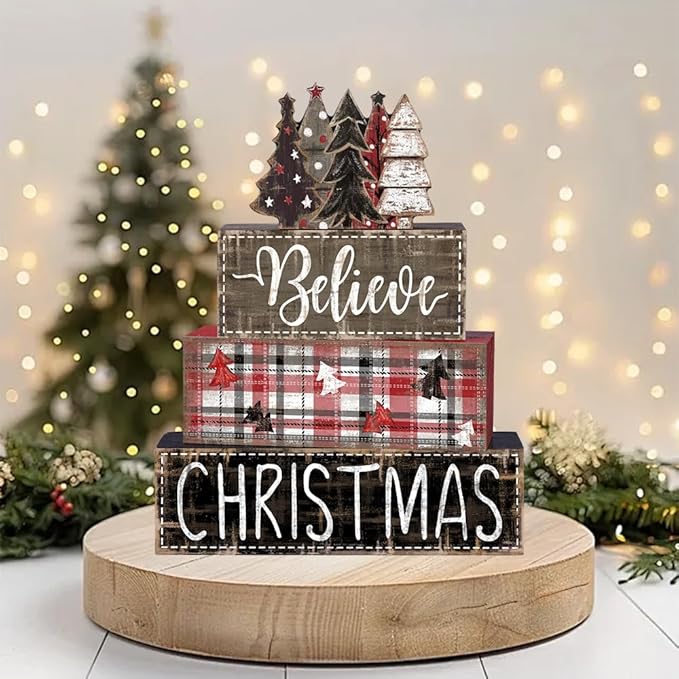 DIYDEC 4Pcs Christmas Table Decoration Christmas Tree Wooden Block Sign Xmas Tiered Tray Decor Winter Centerpiece Decorative Sign for Holiday Tabletop Coffee Fireplace Shelf Desk Party Decor