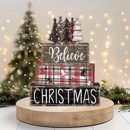 DIYDEC 4Pcs Christmas Table Decoration Christmas Tree Wooden Block Sign Xmas Tiered Tray Decor Winter Centerpiece Decorative Sign for Holiday Tabletop Coffee Fireplace Shelf Desk Party Decor