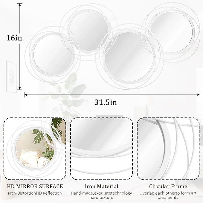 White Round Mirror Set, 4 PCS Wall Mounted Mirror Circle Metal Framed Modern Mirrors for Living Room Bedroom Entryway, 16x32 Inch Decor