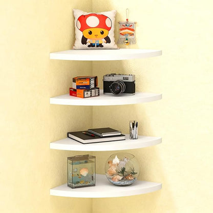 4 Pcs Floating Corner Shelf with Mounting Accessories, Wooden Round Corner Wall Shelves, Wall Mounted Corner Storage Shelf for Bathroom, Bedroom, Living Room (White)