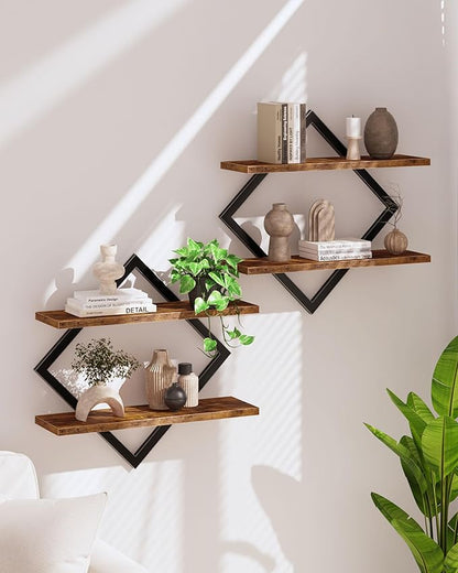 Floating Shelves, Set of 2 Wall Shelves, 2-Tier Hanging Shelves, Wall Shelf Set of 2, Wall Mounted Shelves, for Living Room, Bedroom, Kitchen, Office, Study, Rustic Brown TBJ01P2BF