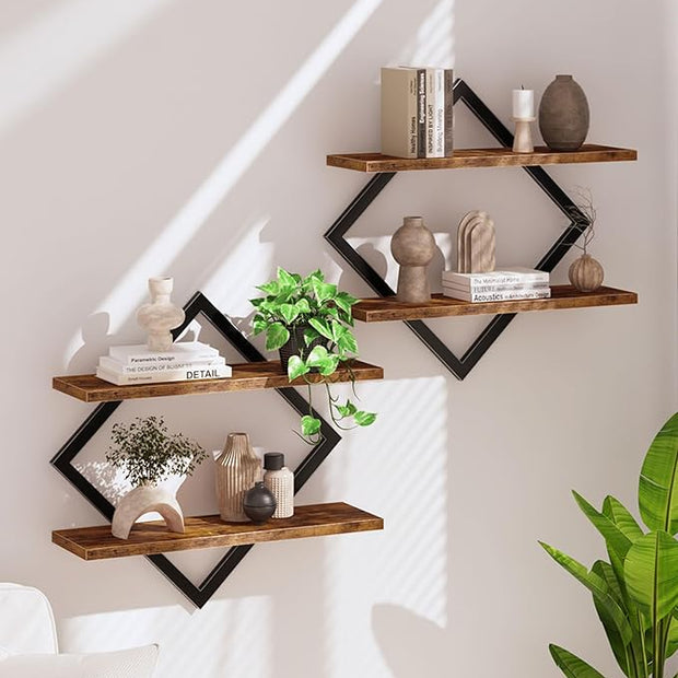 Floating Shelves, Set of 2 Wall Shelves, 2-Tier Hanging Shelves, Wall Shelf Set of 2, Wall Mounted Shelves, for Living Room, Bedroom, Kitchen, Office, Study, Rustic Brown TBJ01P2BF
