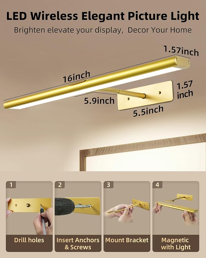 EZVALO Picture Light for Wall, 4800mAh Rechargeable Wireless Lights with IR Remote Control, 16'' Dimmable Magnetic LED Art Display Light with 3 Color Temperatures, for Gallery, Living Room(Gold-2Pack)